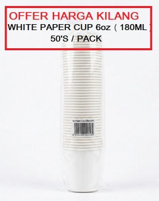 WHITE PAPER CUP 6oz ( 180ML ) 50'S/PACK 