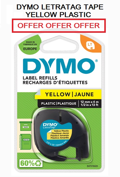 DYMO LETRATAG TAPE YELLOW PLASTIC 91202 DYMO LETRATAG TAPE YELLOW PLASTIC 91202